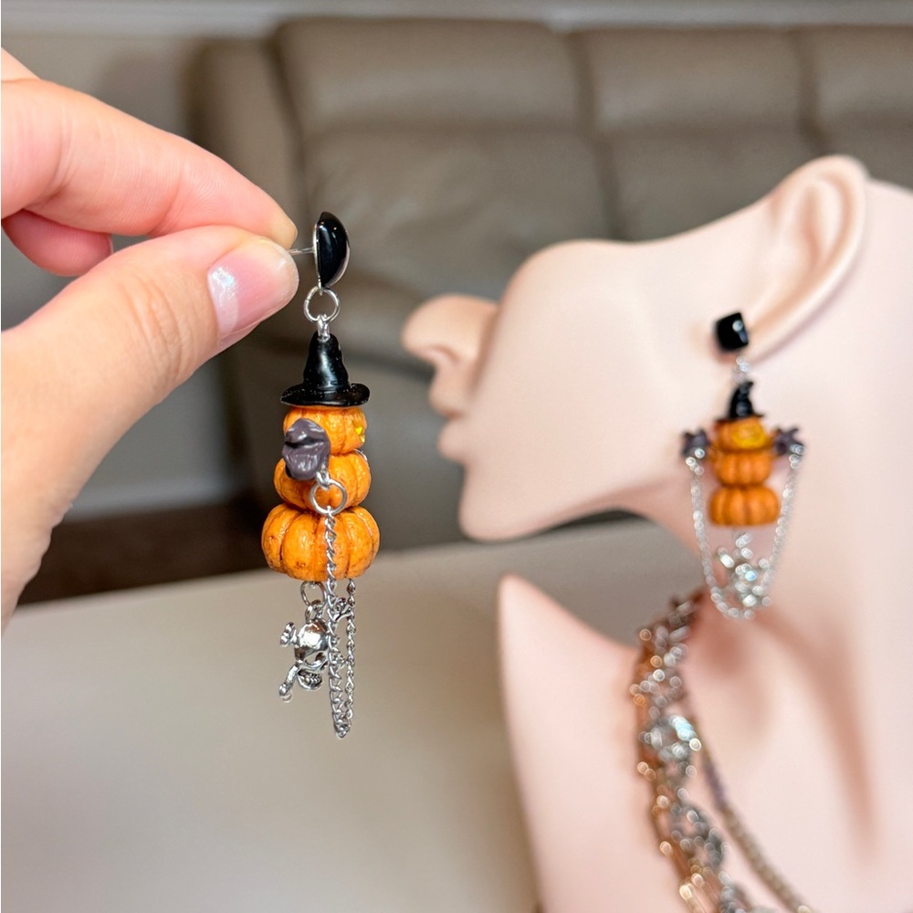 Halloween Pumpkin Stack Dangle Earrings with Skull Charm - Orange & Black - Picture 6 of 15
